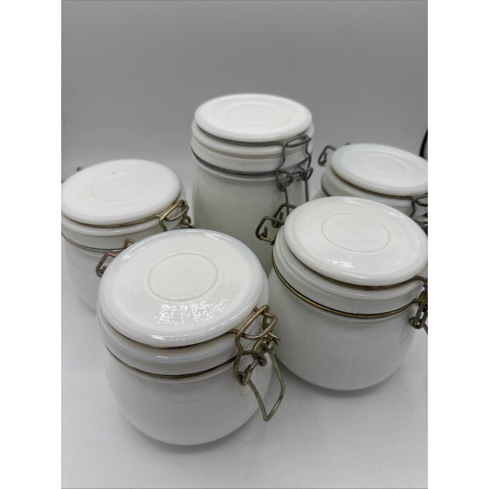 5 Vintage White Galss Canister Jars Woth Locking Lid 4 Cannisters 4" One 6"